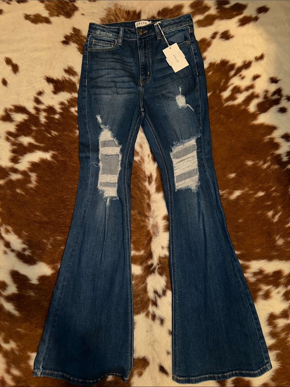 NWT Cello Dark Blue Distressed Flare Jeans, Size 7!